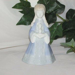 Porcelain Dinner Bell Girl With Flowers Blue Dress Vintage Figurine Cottagecore